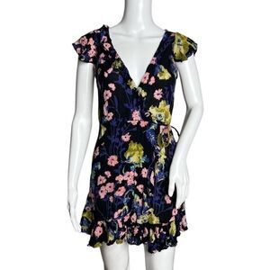 Kimchi Blue Dress Women Small Black‎ Blue Multi Dark Floral Wrap Dress Ruffle